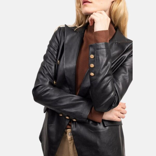 Double Breasted Women’s Black Leather Coat