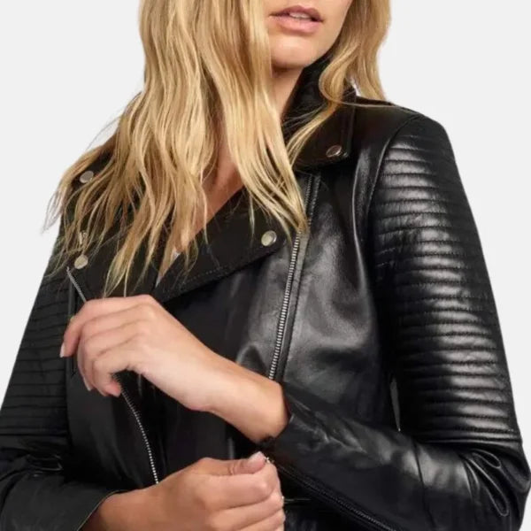 Black Quilted Leather Women Biker Jacket