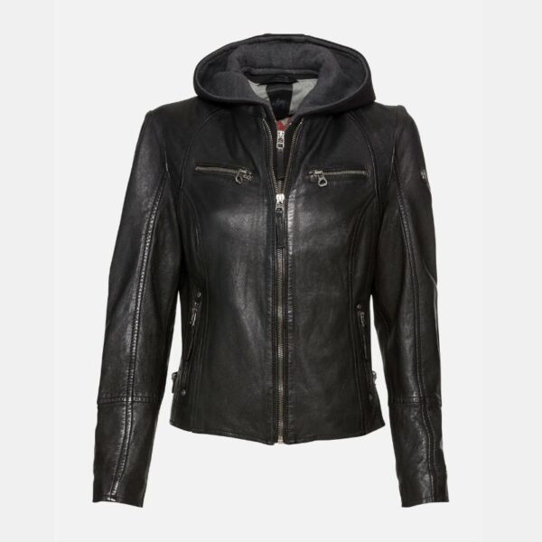 Black Cafe Racer Womens Jacket With Removable Hood